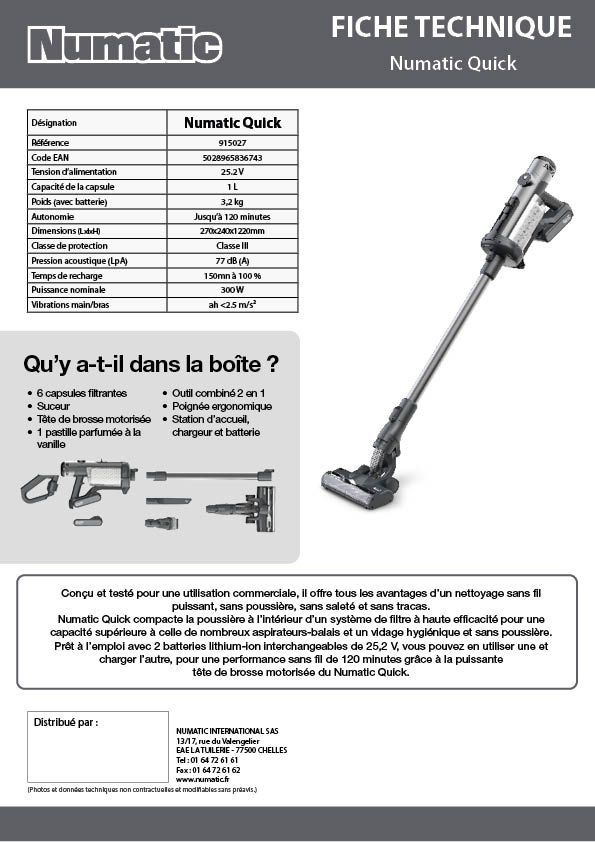 Fiche technique - Numatic Quick - 915027