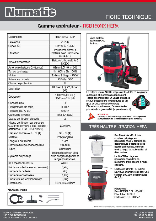 Fiche technique - RSB150NX HEPA - 913142