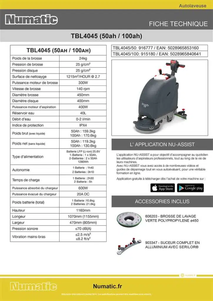 Autolaveuse Batterie TBL4045 Numatic autolaveuse-batterie-tbl4045-numatic