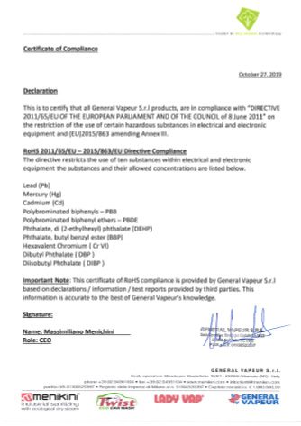 Certification de conformité ROHS NuSteam