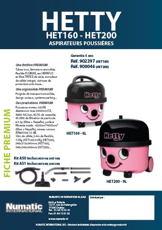 Fiche premium aspirateur poussières HETTY HET160/HET200 Numatic
